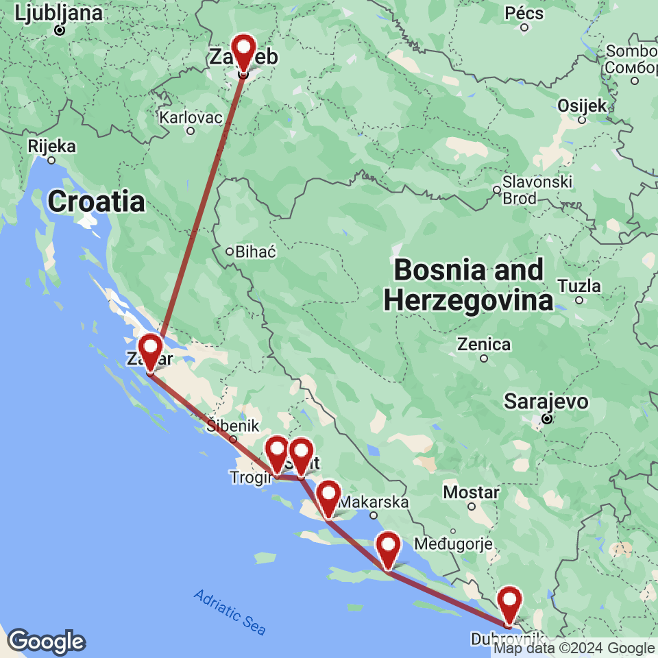 Route for Dubrovnik, Korcula, Bol, Split, Trogir, Zadar, Zagreb tour